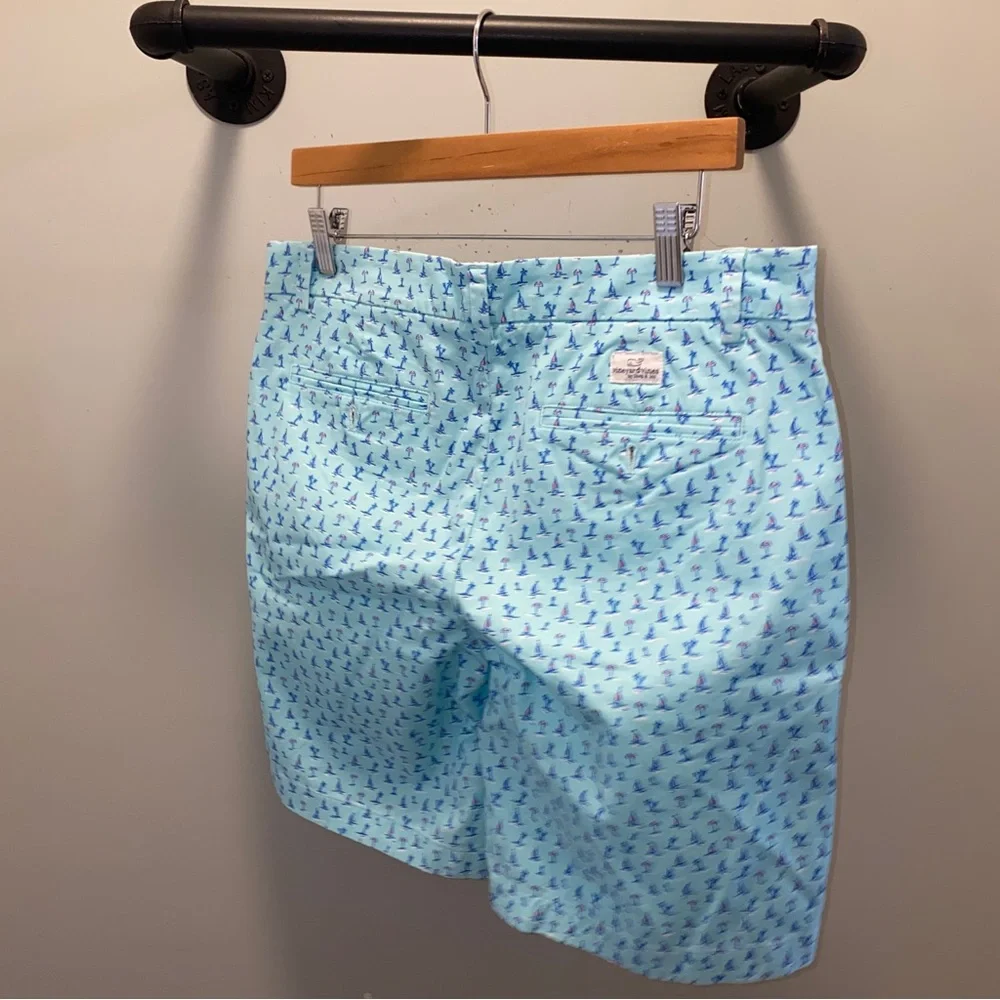 Vineyard Vines Mens Breaker Shorts Sea Splash Blue Palm Tree Boat Size 32 9”